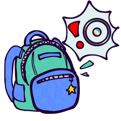 A drawing of a teal and blue backpack and a spiky speech bubble containing a ref exclamation point and the disabled sun symbol. The disabled sun symbol is a large ring with a small dot inside, and it has been colored to match the disability pride flag with diagonal red, yellow, white, blue, and green stripes over a dark grey field. 